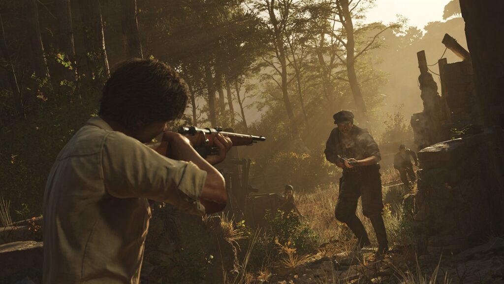 Enzo firing a rifle at an enemy in a sunlit wood