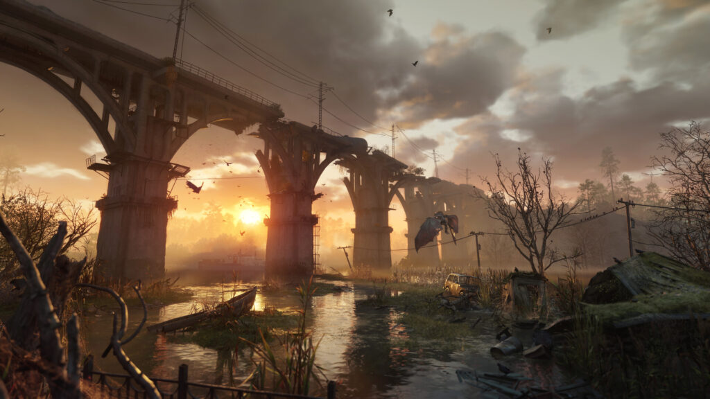 A flooded bridge on the surface at sunrise in Metro 2039