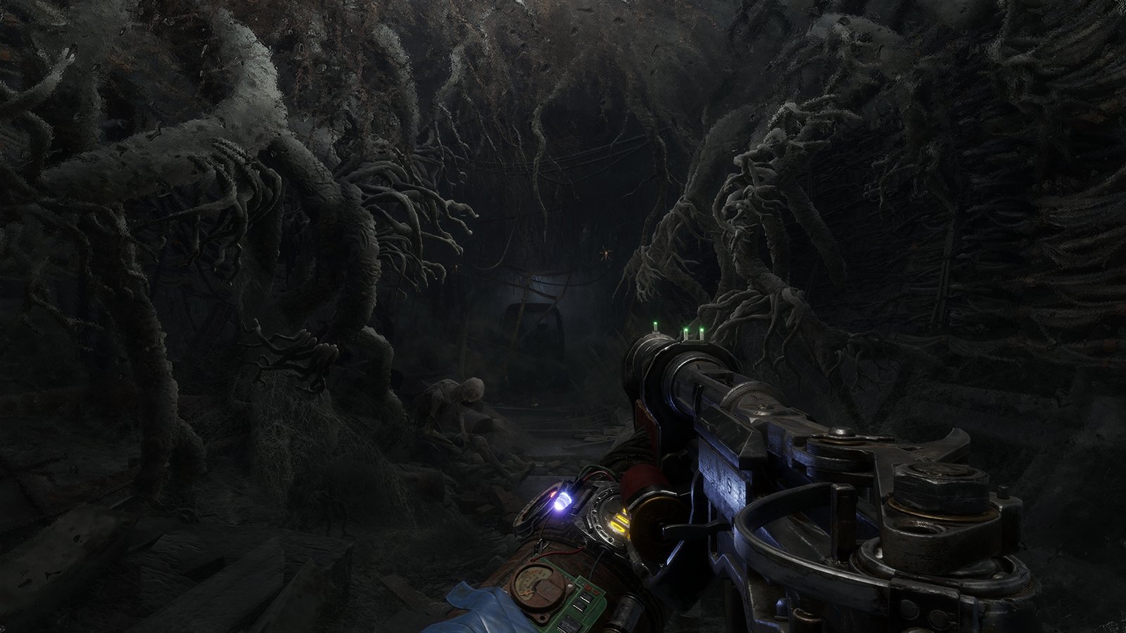 A dark tunnel where every light source is calculated honestly. 4A Games