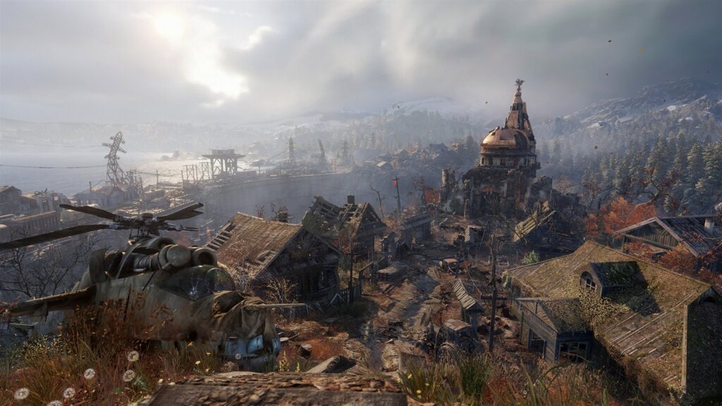 Разрушенный посёлок под солнцем в Metro Exodus, свет проходит сквозь пыль