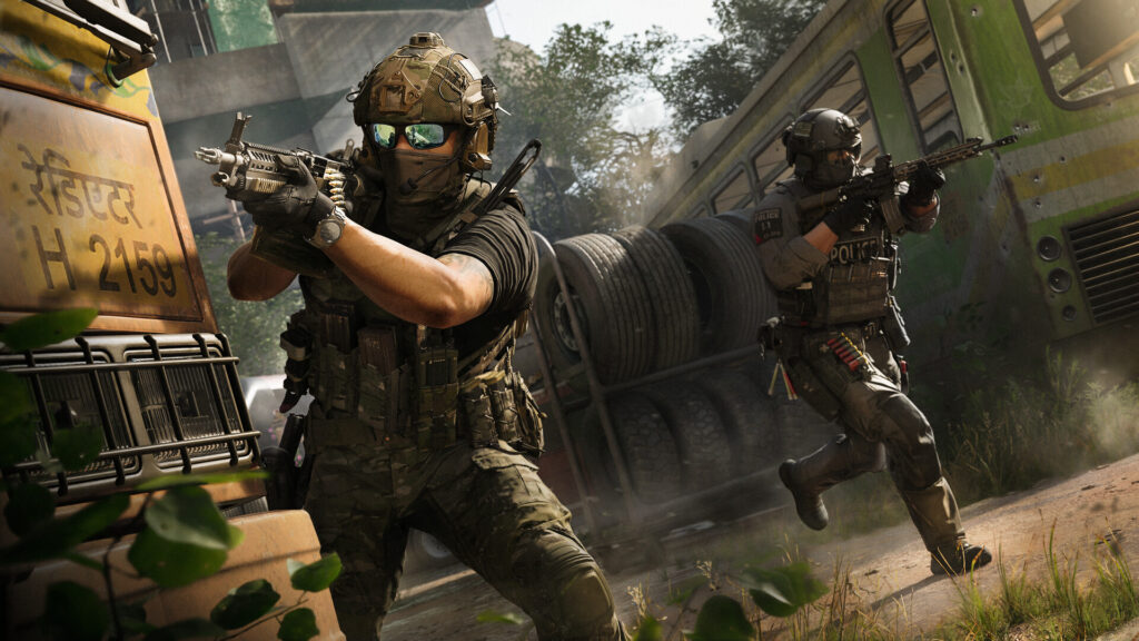 Two Call of Duty: Modern Warfare 4 operators moving past a bus during a firefight