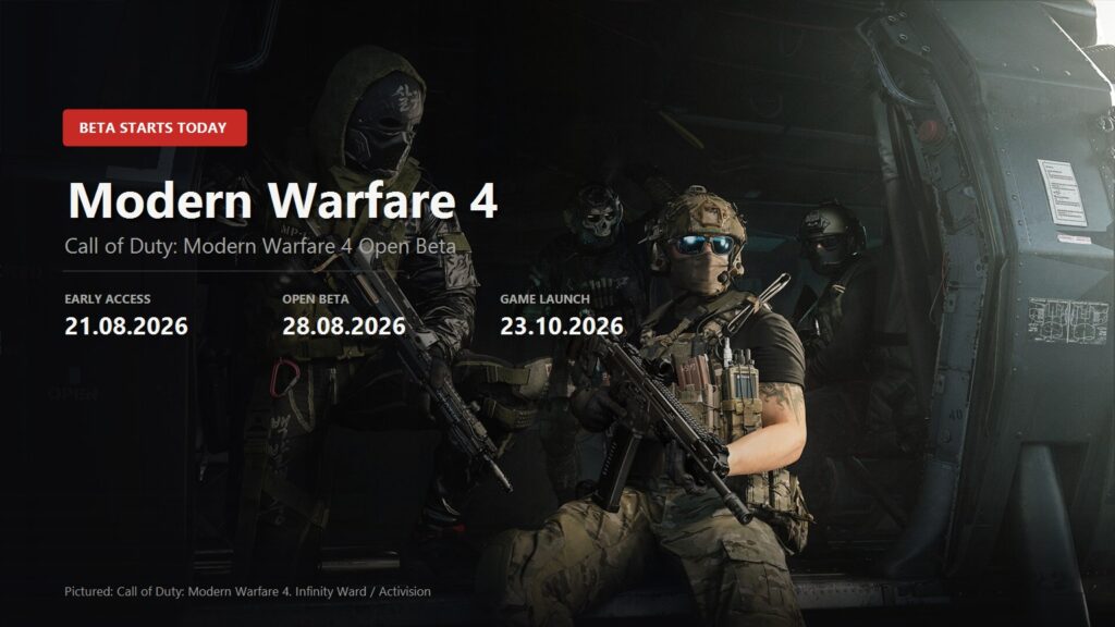 Key visual for the Call of Duty: Modern Warfare 4 open beta showing an operator squad inside a helicopter