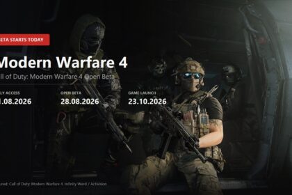 Key visual for the Call of Duty: Modern Warfare 4 open beta showing an operator squad inside a helicopter