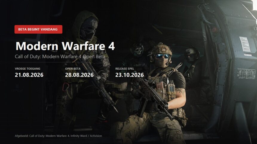 Key visual for the Call of Duty: Modern Warfare 4 open beta showing an operator squad inside a helicopter