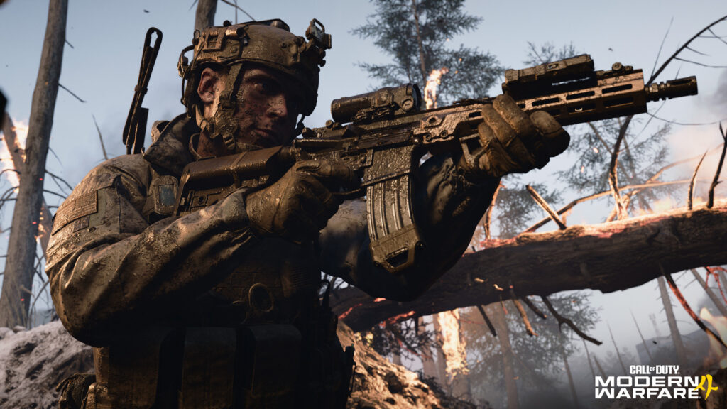 Soldier firing a rifle in the Entrenched campaign mission of Call of Duty: Modern Warfare 4