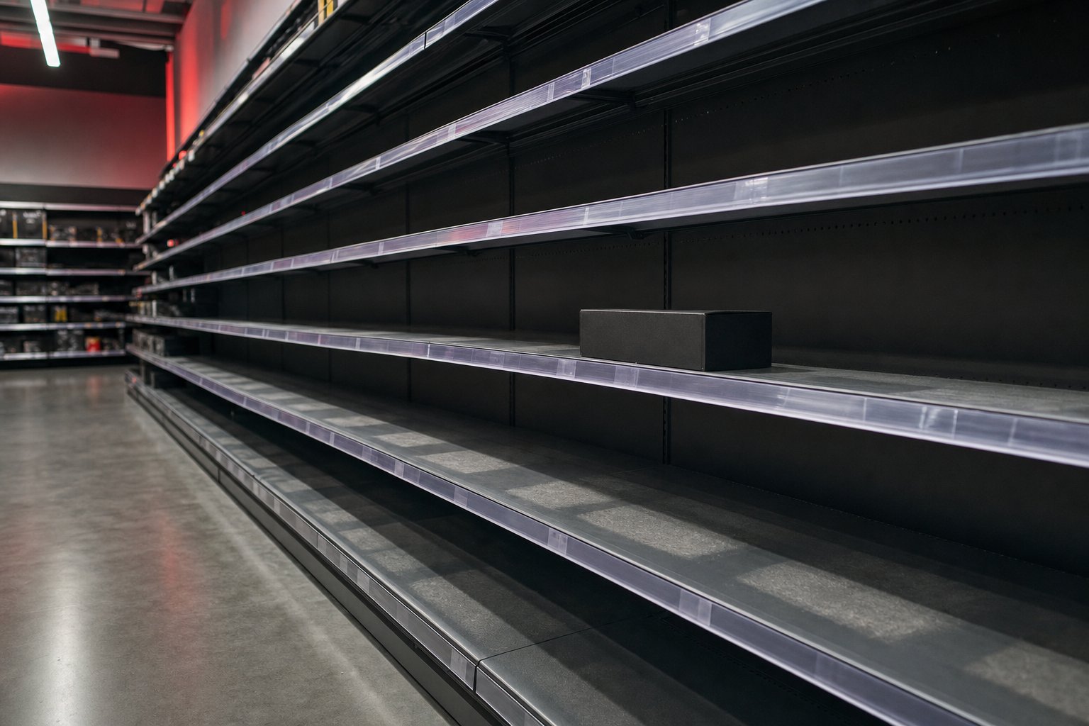 An almost empty aisle in a computer store where boxed graphics cards used to be stocked