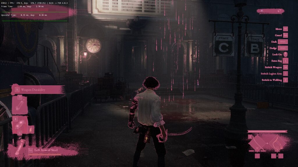 An example of a broken interface in a game, HUD elements smeared in pink