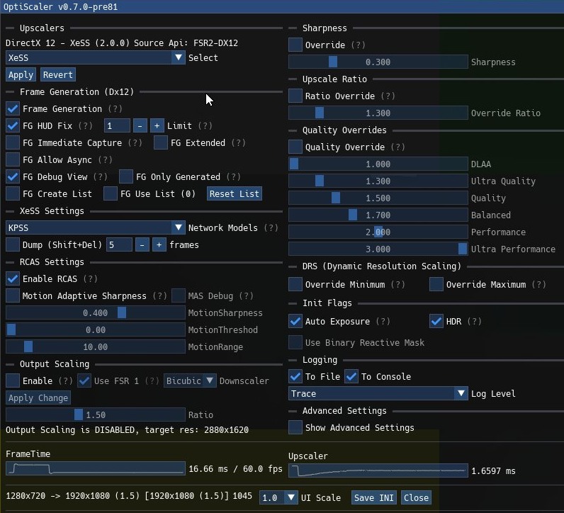 The OptiScaler settings window called up on top of a running game