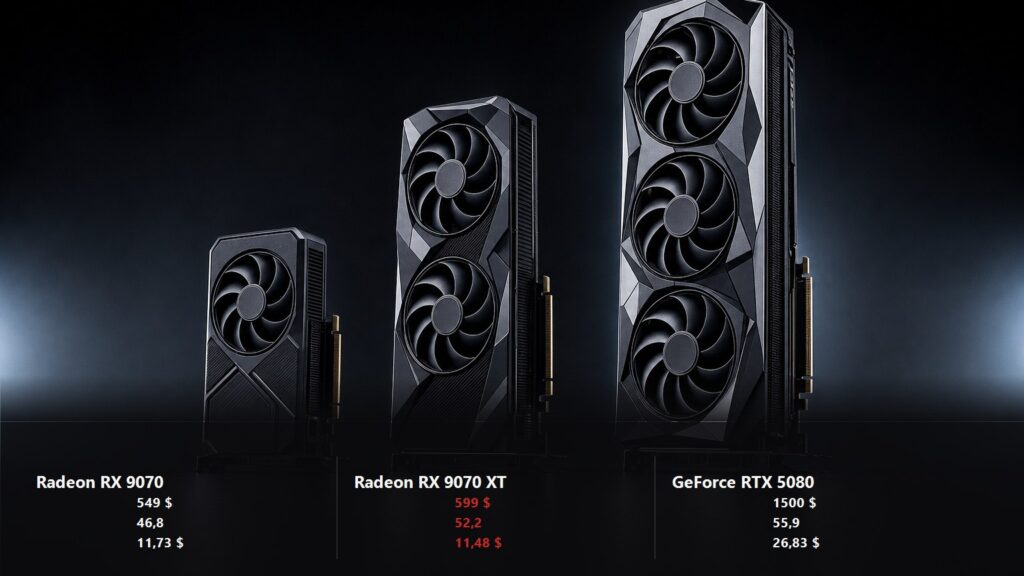 Three graphics cards of increasing size on a dark background with the price, average 4K FPS and price per frame of three builds