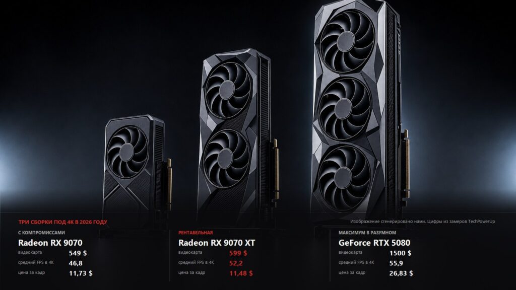 Three graphics cards of increasing size on a dark background with the price, average 4K FPS and price per frame of three builds