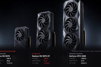 Three graphics cards of increasing size on a dark background with the price, average 4K FPS and price per frame of three builds