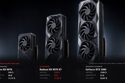 Three graphics cards of increasing size on a dark background with the price, average 4K FPS and price per frame of three builds