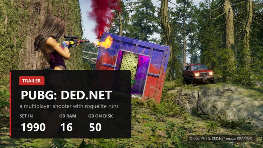 PUBG DED.NET key visual over an official forest screenshot