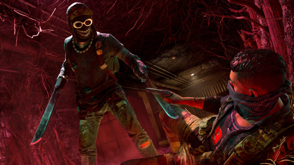 A masked enemy with a machete in a red lit corridor in PUBG DED.NET