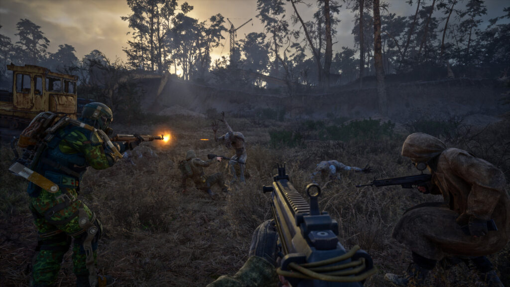 Stalkers fighting mutants at dusk near an abandoned bulldozer