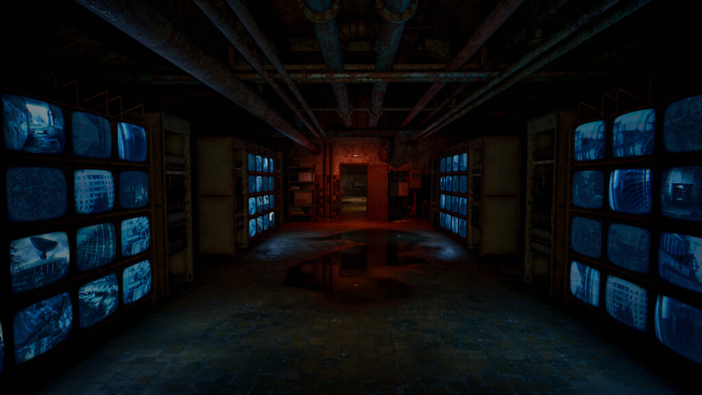 Corridor lined with old CRT monitors under red emergency light