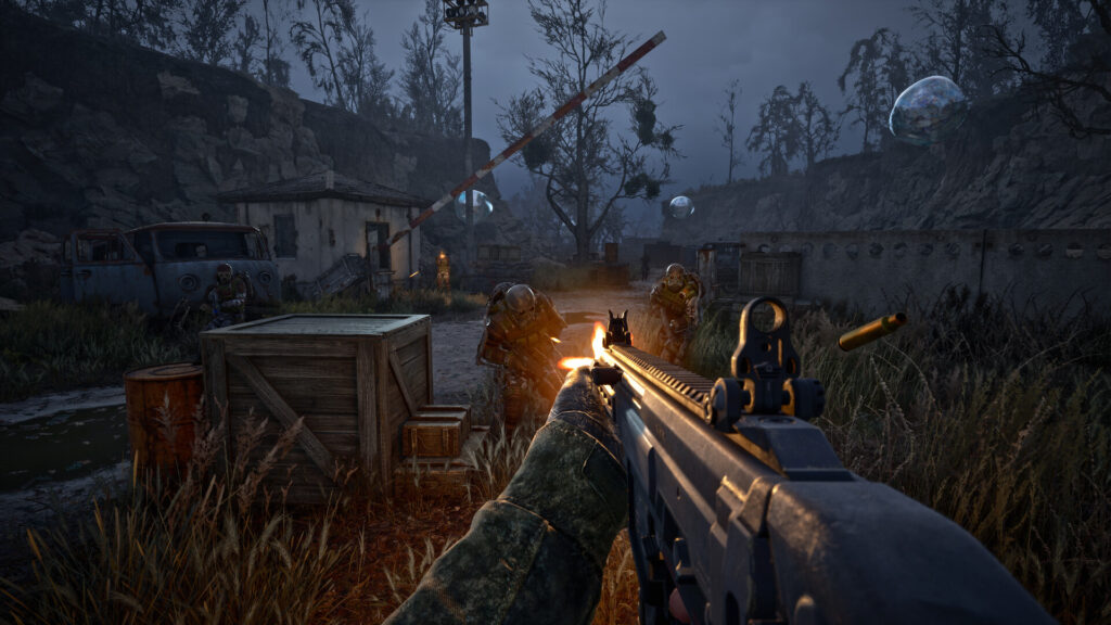 Night firefight at a checkpoint with gravitational anomaly spheres floating in the air