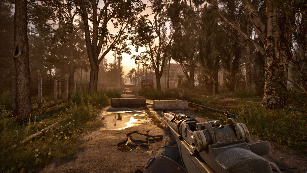 Sunlit overgrown road in the Zone seen over a rifle