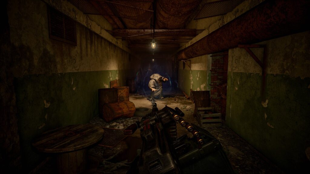 An abandoned room with a weapon on a workbench and a figure in the corner
