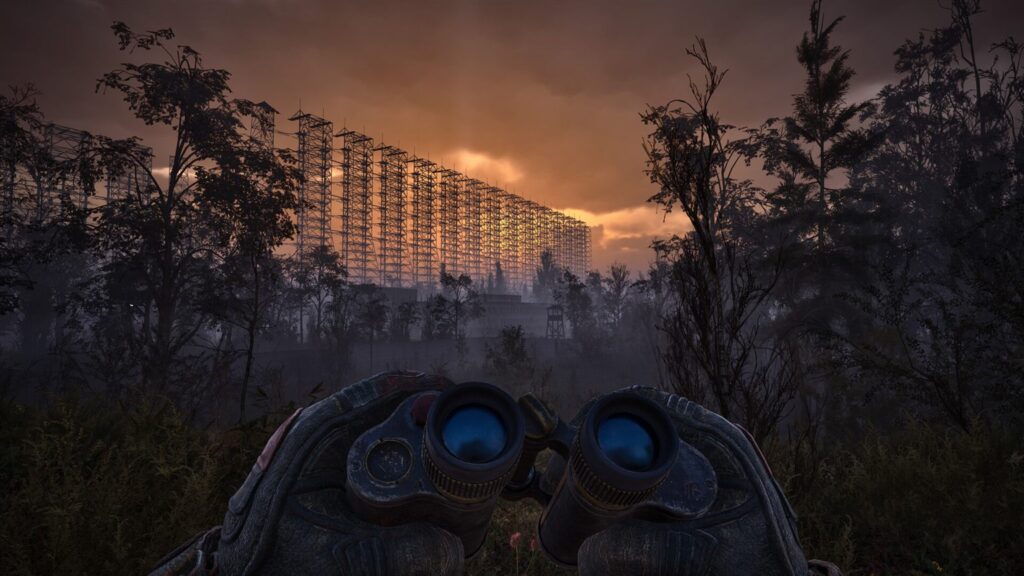 First person view of binoculars in front of the Duga radar array at sunset in S.T.A.L.K.E.R. 2