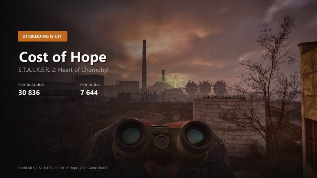 Key visual for the S.T.A.L.K.E.R. 2 Cost of Hope expansion showing the Chornobyl power plant at sunset