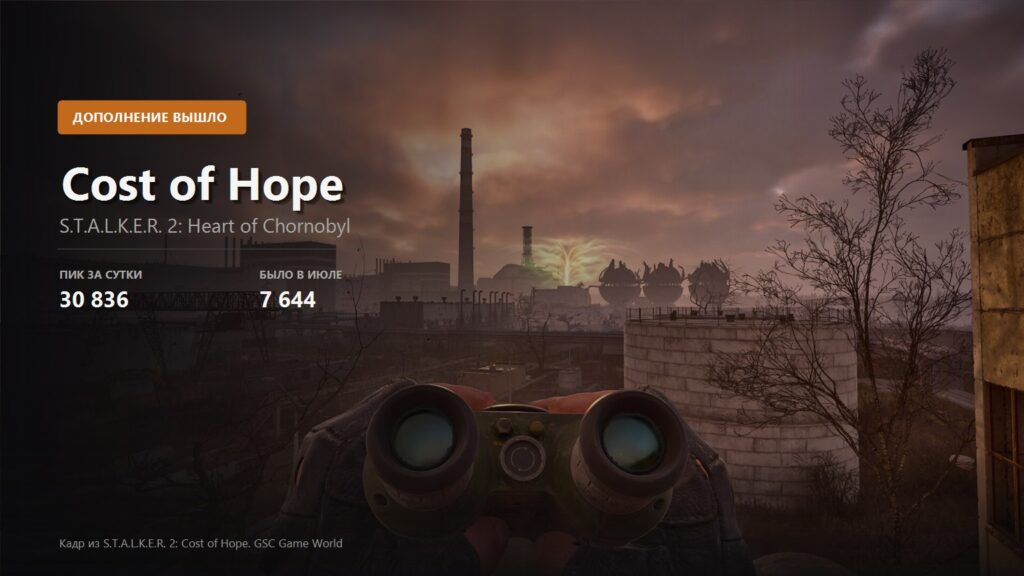 Key visual for the S.T.A.L.K.E.R. 2 Cost of Hope expansion showing the Chornobyl power plant at sunset