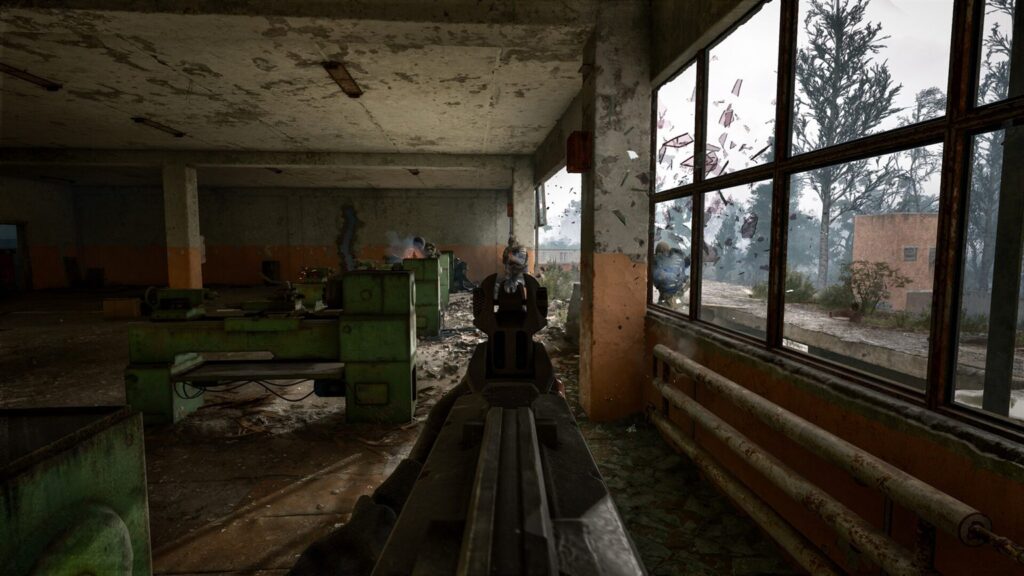 Shootout inside an abandoned factory hall with shattering window glass in S.T.A.L.K.E.R. 2