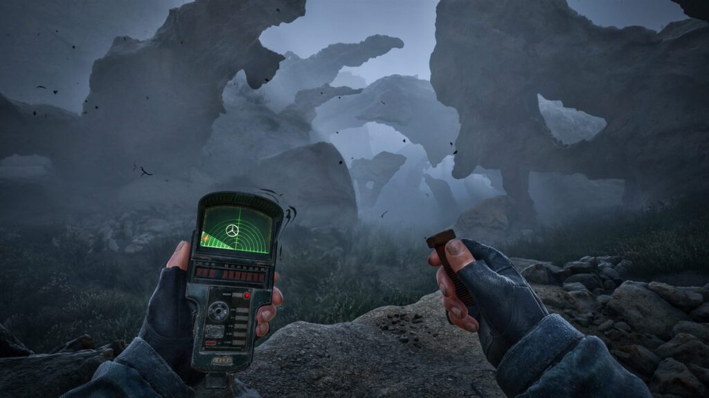 Player holding a VELES anomaly detector and a bolt in heavy fog in S.T.A.L.K.E.R. 2