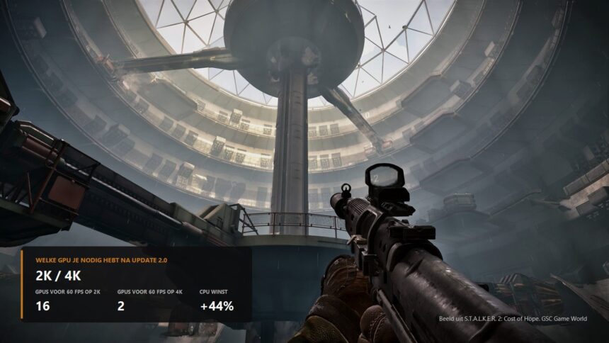 Domed hangar interior in S.T.A.L.K.E.R. 2 with the number of graphics cards able to hold 60 fps at 2K and 4K