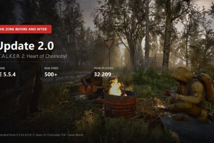 Stalkers around a campfire in S.T.A.L.K.E.R. 2 with the engine version, fix count and peak player number of Update 2.0