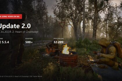 Stalkers around a campfire in S.T.A.L.K.E.R. 2 with the engine version, fix count and peak player number of Update 2.0