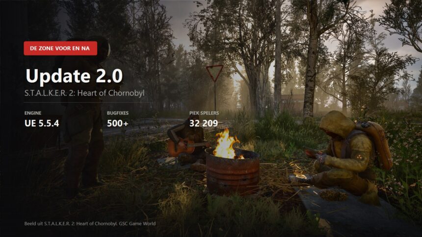 Stalkers around a campfire in S.T.A.L.K.E.R. 2 with the engine version, fix count and peak player number of Update 2.0