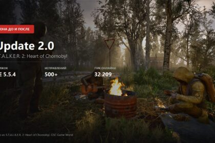 Stalkers around a campfire in S.T.A.L.K.E.R. 2 with the engine version, fix count and peak player number of Update 2.0
