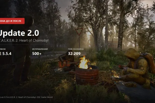 Stalkers around a campfire in S.T.A.L.K.E.R. 2 with the engine version, fix count and peak player number of Update 2.0