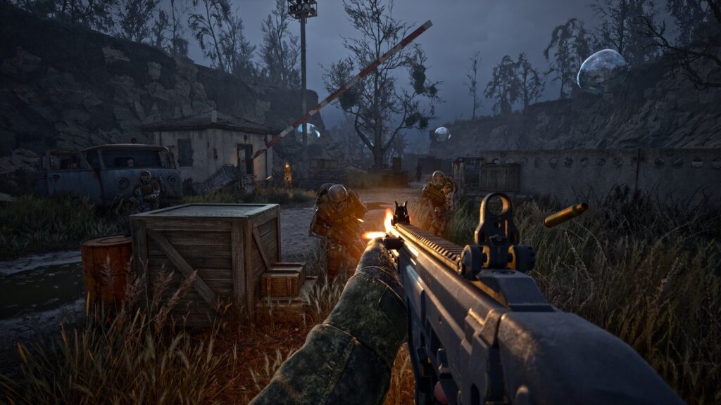 A firefight in a ruined village, a shotgun fired at enemies