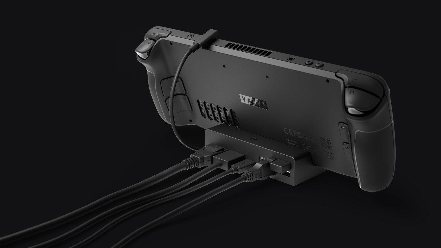 Steam Deck seated in the official docking station with cables attached