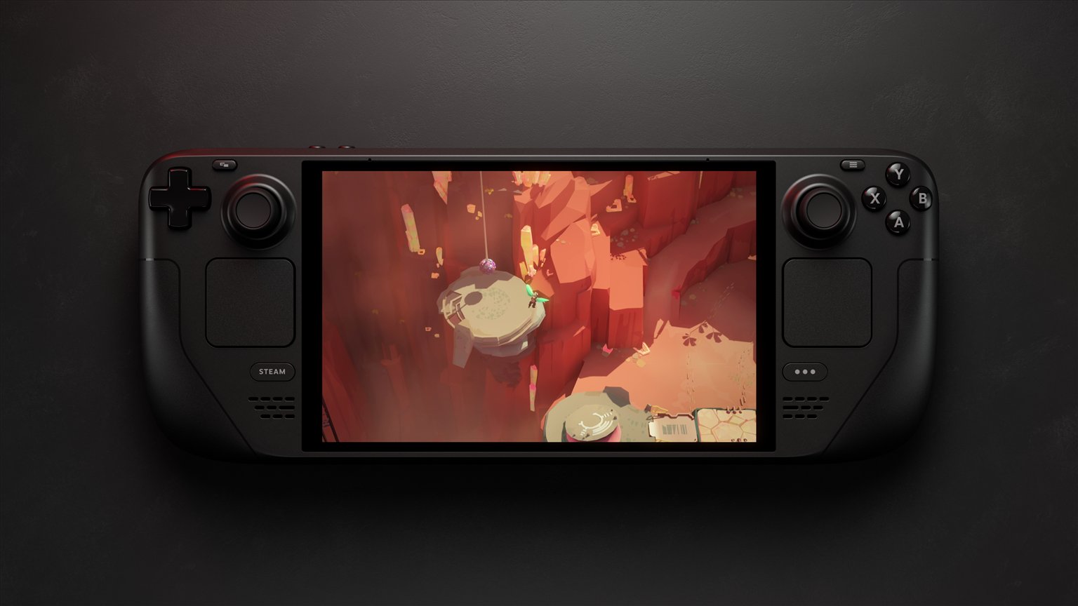 Steam Deck OLED on a dark surface running the game Cocoon