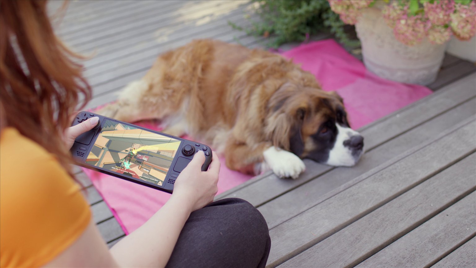 A person playing a game on a Steam Deck outdoors next to a dog