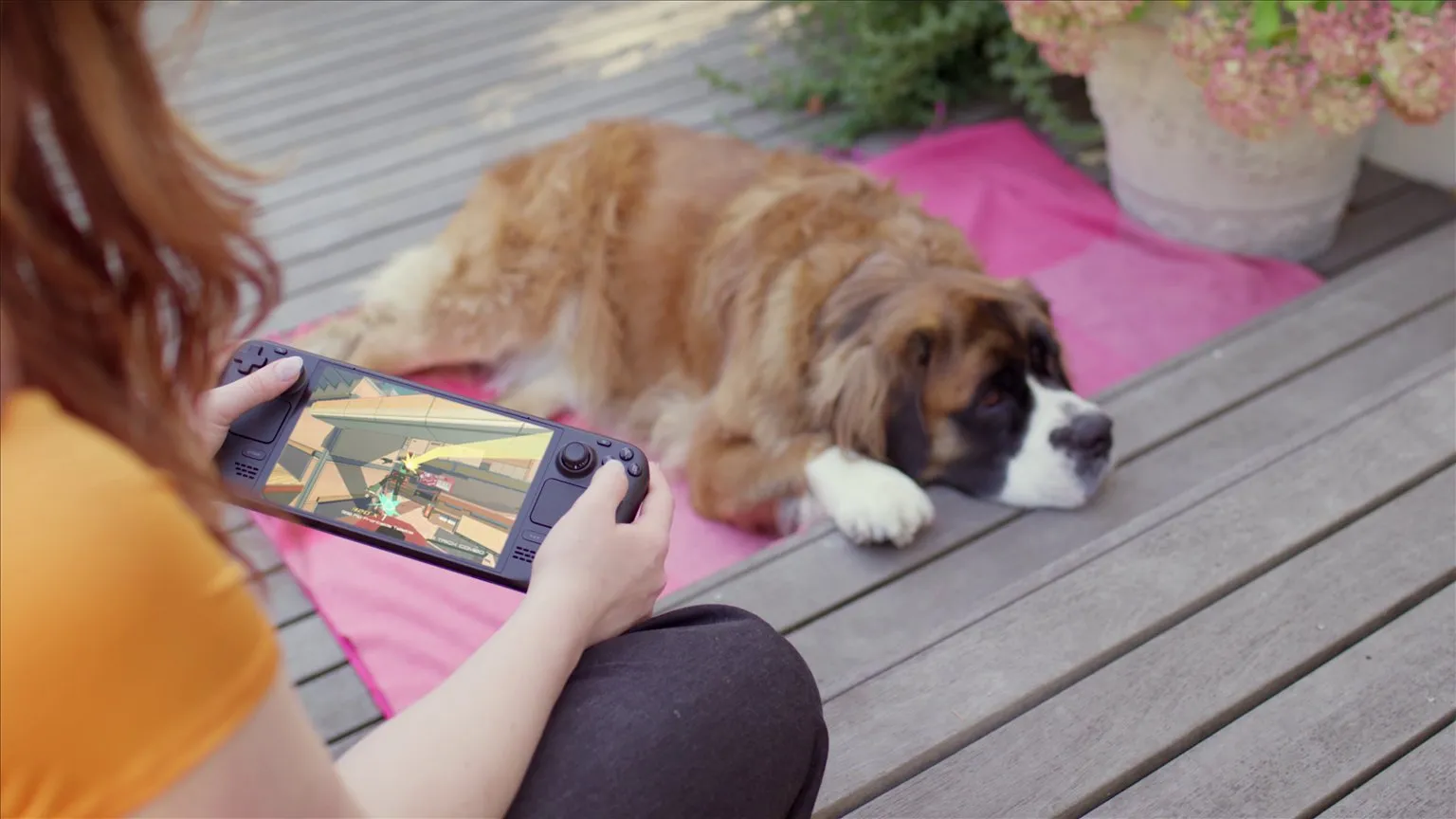 A person playing a game on a Steam Deck outdoors next to a dog