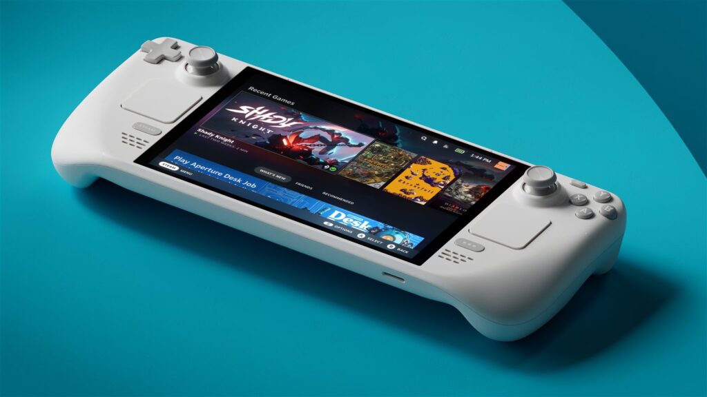 White limited edition Steam Deck showing the SteamOS library