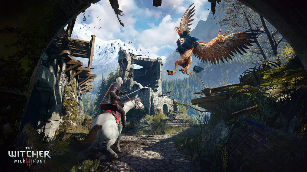 Геральт верхом против грифона в The Witcher 3
