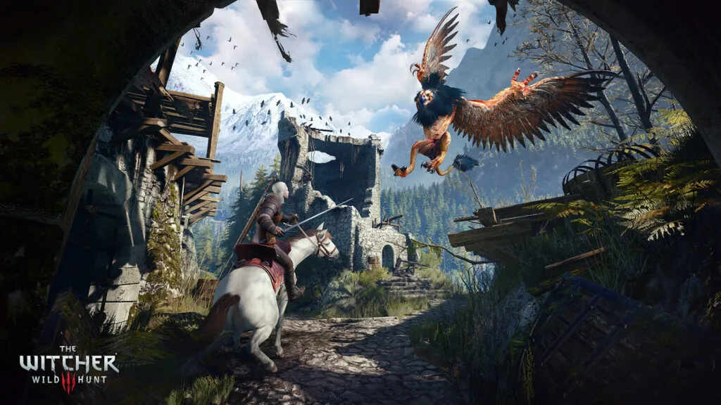 Геральт верхом против грифона в The Witcher 3