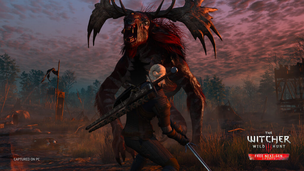Geralt fighting a leshen at dusk in The Witcher 3 Wild Hunt