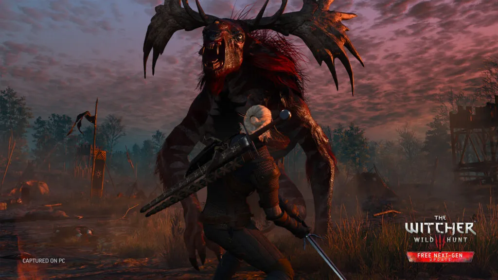 Geralt fighting a leshen at dusk in The Witcher 3 Wild Hunt