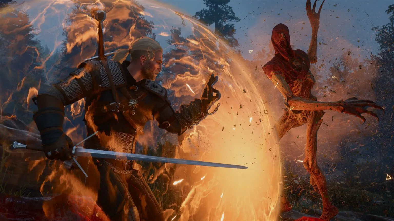 Geralt fighting behind a Quen shield, a screenshot from The Witcher 3
