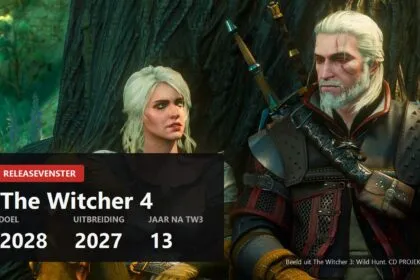 The Witcher 4 release window 2028 key visual over a Witcher 3 screenshot with Geralt and Ciri