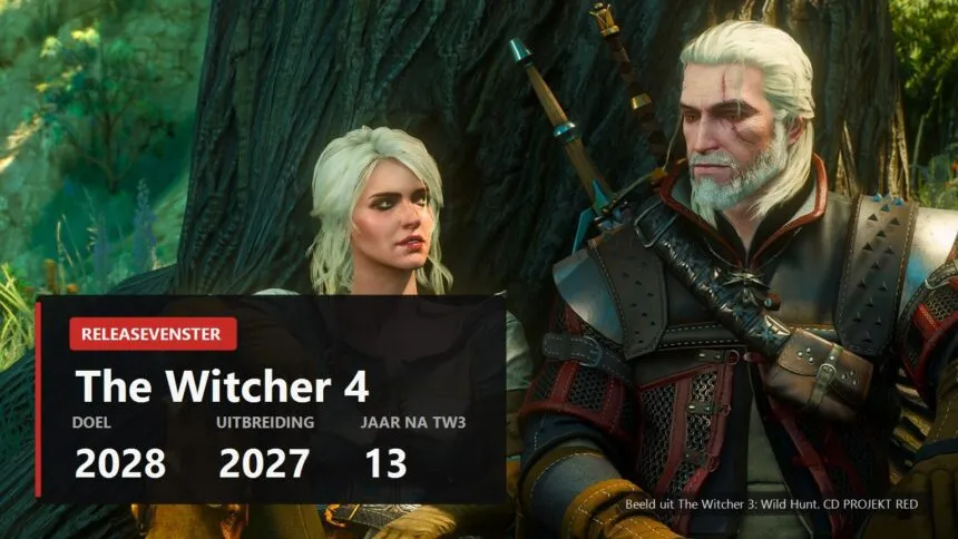 The Witcher 4 release window 2028 key visual over a Witcher 3 screenshot with Geralt and Ciri