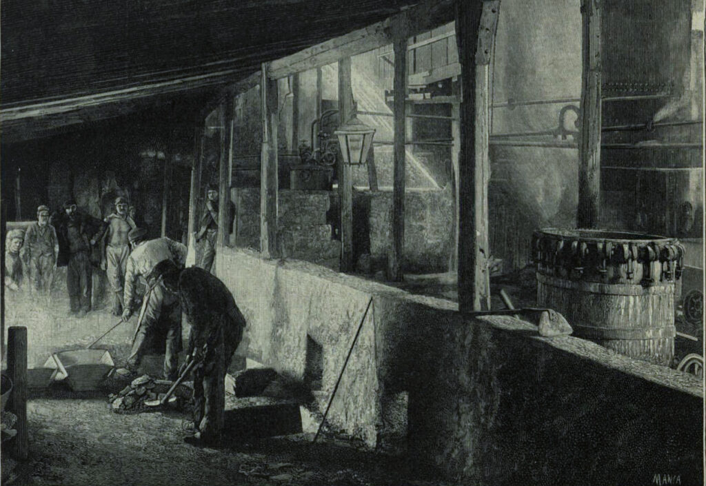 Sulphur smelting at a Sicilian mine, engraving from 1894