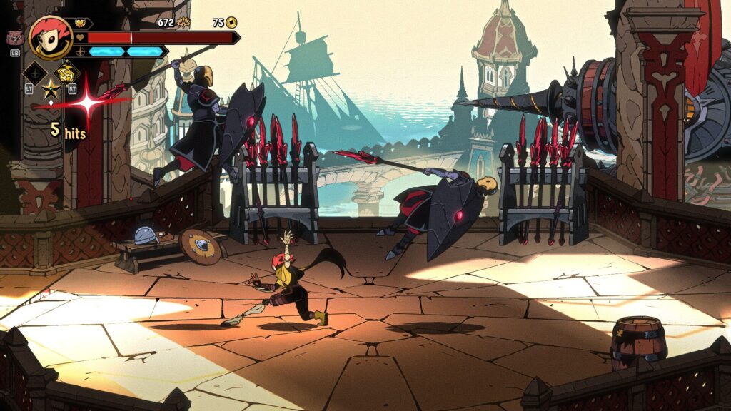 A leaping attack in front of a castle in Absolum