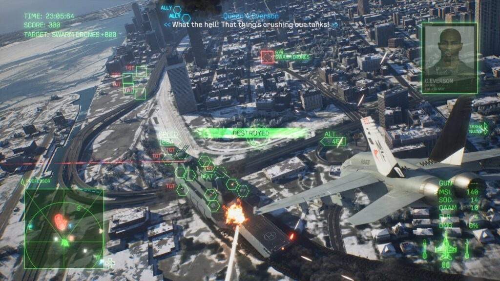 A dogfight over a city with the targeting HUD